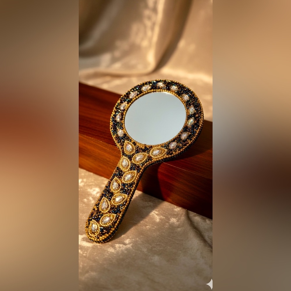VTG ~ Indian Blue & Gold Beaded & Glass Stone Hand Held Mirror 8”